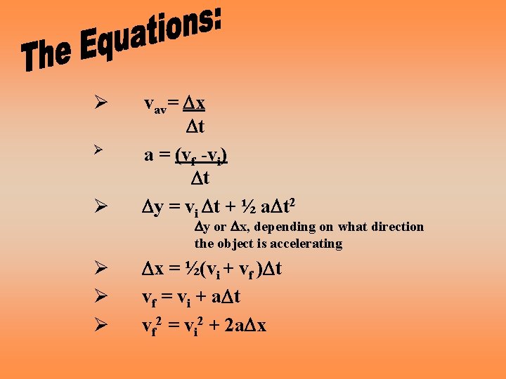 Ø vav= Dx Dt a = (vf -vi) Dt Dy = vi Dt +