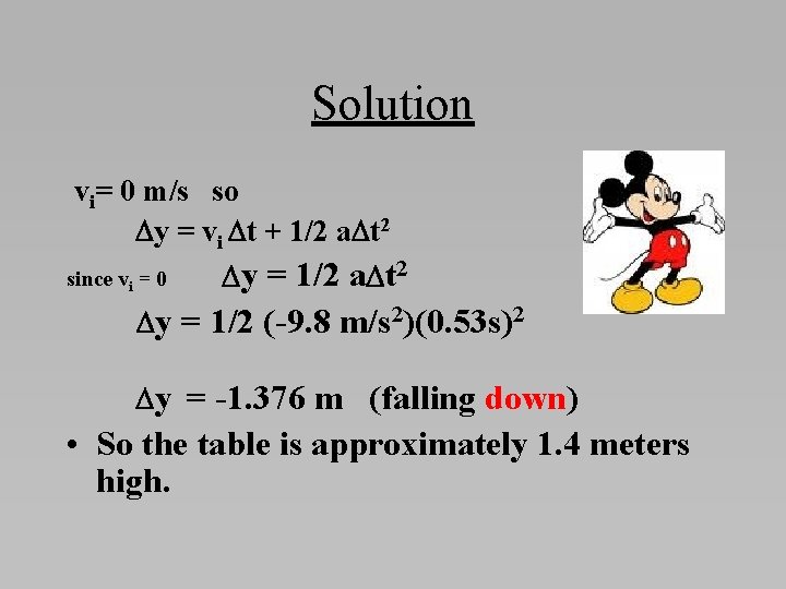 Solution vi= 0 m/s so Dy = vi Dt + 1/2 a. Dt 2