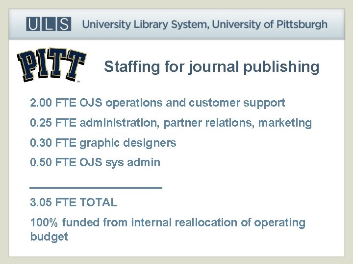 Staffing for journal publishing 2. 00 FTE OJS operations and customer support 0. 25