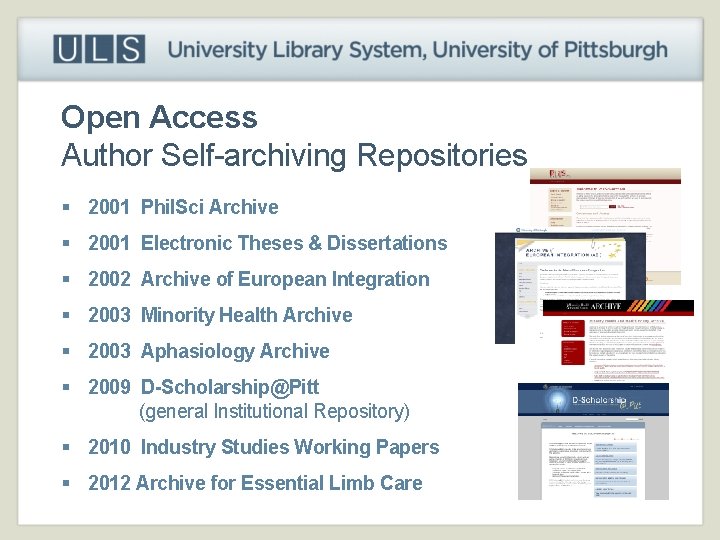 Open Access Author Self-archiving Repositories § 2001 Phil. Sci Archive § 2001 Electronic Theses