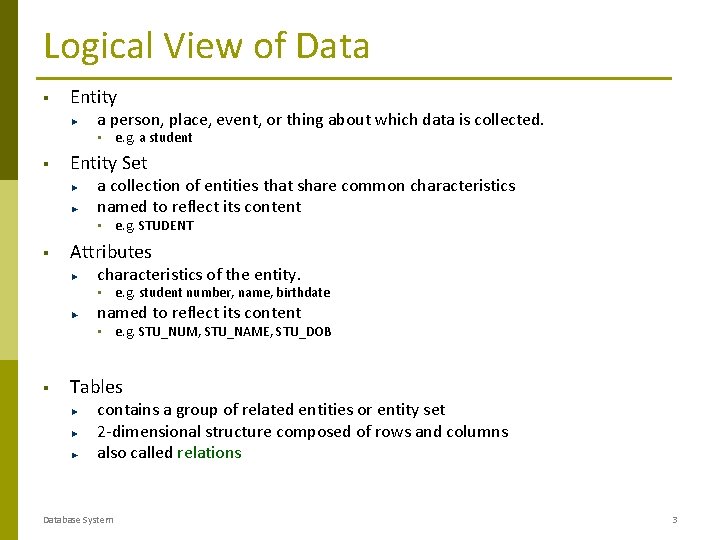 Logical View of Data § Entity a person, place, event, or thing about which Logical View of Data § Entity a person, place, event, or thing about which