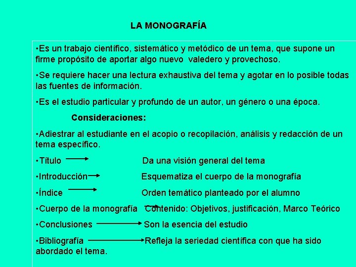 LA MONOGRAFÍA • Es un trabajo científico, sistemático y metódico de un tema, que