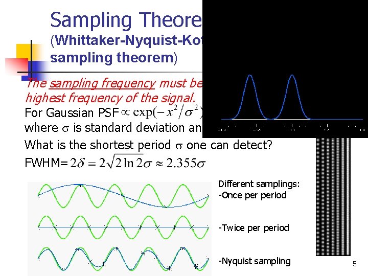 Sampling Theorem (Whittaker-Nyquist-Kotelnikov-Shannon sampling theorem) The sampling frequency must be at least twice the