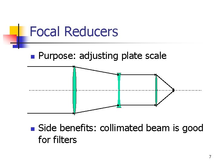 Focal Reducers n n Purpose: adjusting plate scale Side benefits: collimated beam is good
