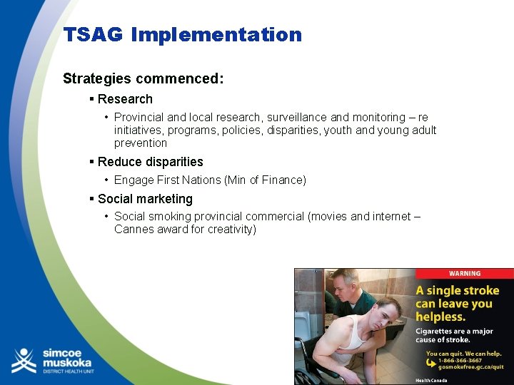 TSAG Implementation Strategies commenced: § Research • Provincial and local research, surveillance and monitoring