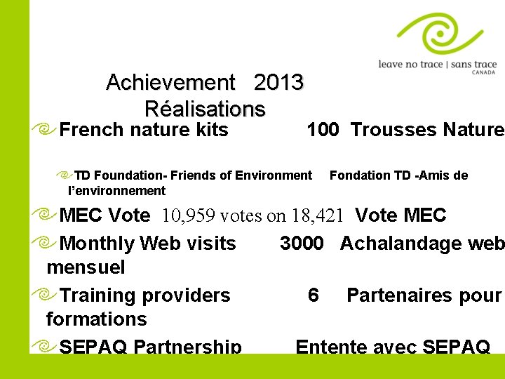 Achievement 2013 Réalisations French nature kits 100 Trousses Nature TD Foundation- Friends of Environment