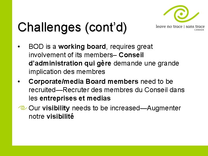 Challenges (cont’d) • • BOD is a working board, requires great involvement of its
