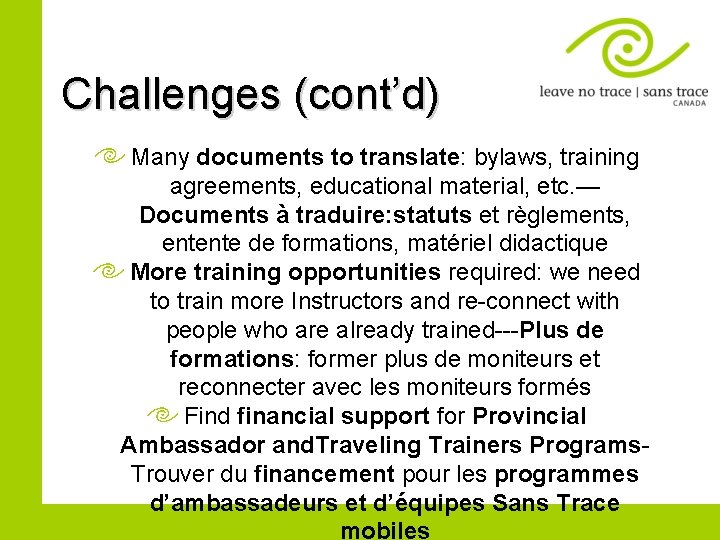 Challenges (cont’d) Many documents to translate: bylaws, training agreements, educational material, etc. — Documents