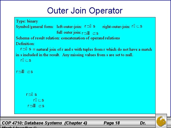 Outer Join Operator Type: binary Symbol/general form: left-outer-join: right-outer-join: full outer join: Schema of