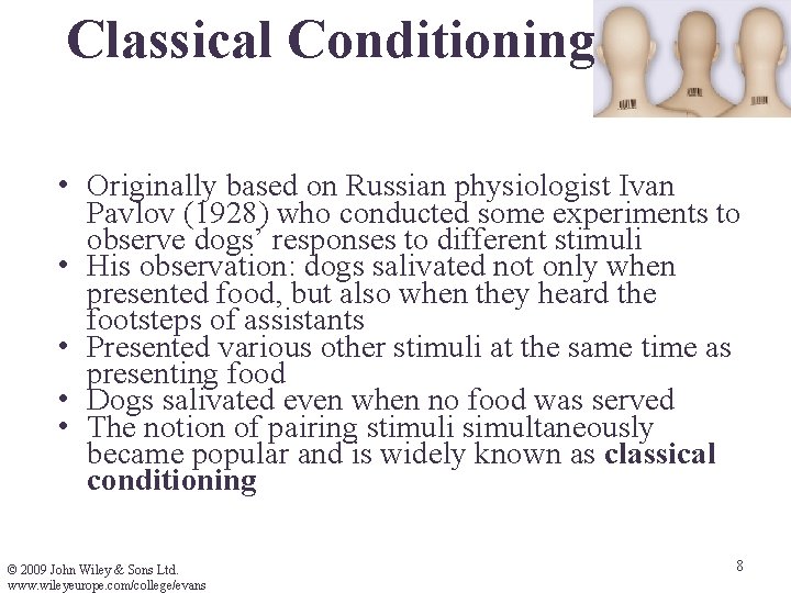 Classical Conditioning • Originally based on Russian physiologist Ivan Pavlov (1928) who conducted some