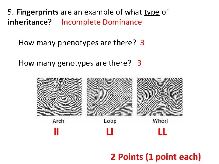 5. Fingerprints are an example of what type of inheritance? Incomplete Dominance How many