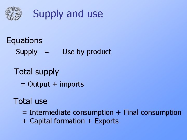 Supply and use Equations Supply = Use by product Total supply = Output +