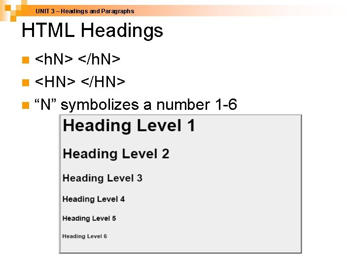 UNIT 3 – Headings and Paragraphs HTML Headings <h. N> </h. N> n <HN>