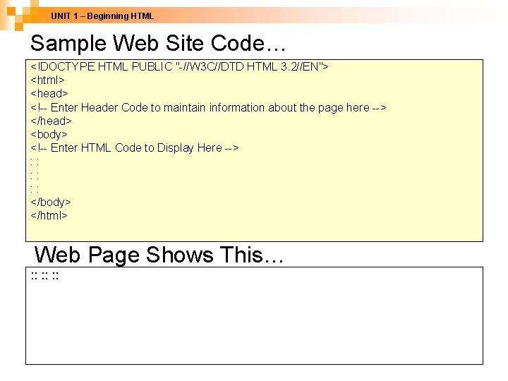 UNIT 1 – Beginning HTML Sample Web Site Code… <!DOCTYPE HTML PUBLIC "-//W 3