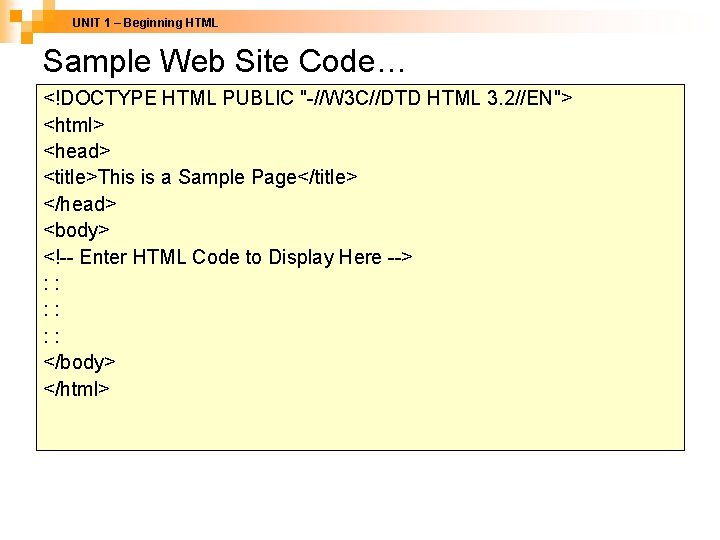 UNIT 1 – Beginning HTML Sample Web Site Code… <!DOCTYPE HTML PUBLIC "-//W 3