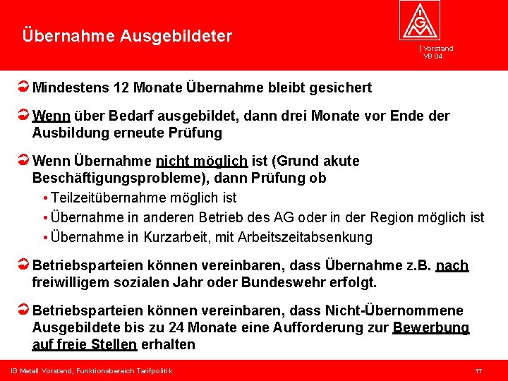 Übernahme Ausgebildeter Vorstand VB 04 Mindestens 12 Monate Übernahme bleibt gesichert Wenn über Bedarf