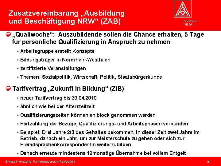Zusatzvereinbarung „Ausbildung und Beschäftigung NRW“ (ZAB) Vorstand VB 04 „Qualiwoche“: Auszubildende sollen die Chance