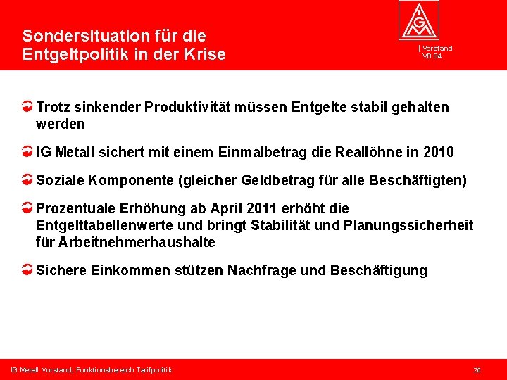 Sondersituation für die Entgeltpolitik in der Krise Vorstand VB 04 Trotz sinkender Produktivität müssen