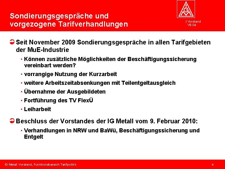 Sondierungsgespräche und vorgezogene Tarifverhandlungen Vorstand VB 04 Seit November 2009 Sondierungsgespräche in allen Tarifgebieten