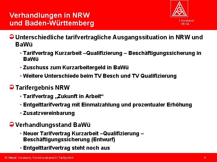 Verhandlungen in NRW und Baden-Württemberg Vorstand VB 04 Unterschiedliche tarifvertragliche Ausgangssituation in NRW und