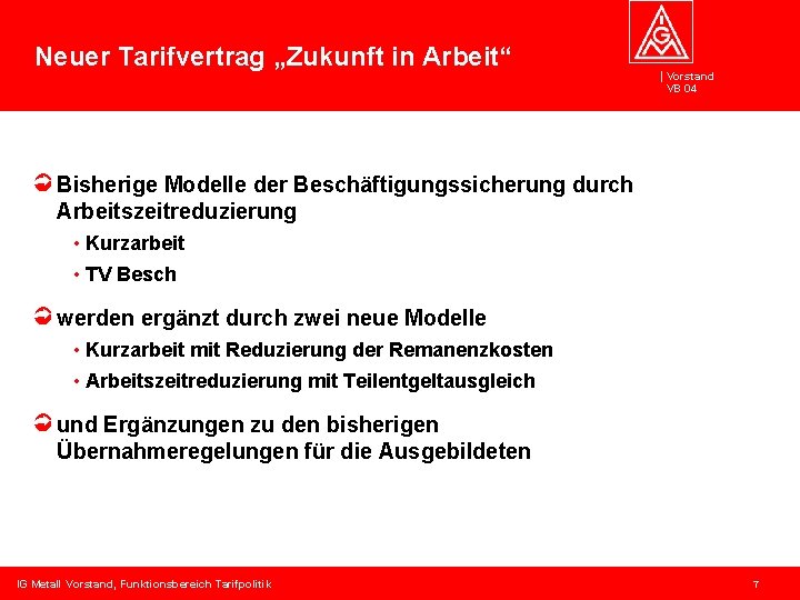 Neuer Tarifvertrag „Zukunft in Arbeit“ Vorstand VB 04 Bisherige Modelle der Beschäftigungssicherung durch Arbeitszeitreduzierung