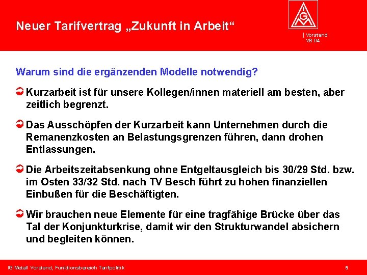 Neuer Tarifvertrag „Zukunft in Arbeit“ Vorstand VB 04 Warum sind die ergänzenden Modelle notwendig?