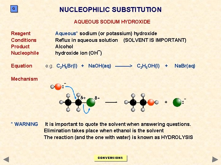 G NUCLEOPHILIC SUBSTITUTION AQUEOUS SODIUM HYDROXIDE Reagent Conditions Product Nucleophile Equation Aqueous* sodium (or G NUCLEOPHILIC SUBSTITUTION AQUEOUS SODIUM HYDROXIDE Reagent Conditions Product Nucleophile Equation Aqueous* sodium (or