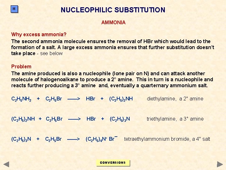 NUCLEOPHILIC SUBSTITUTION H AMMONIA Why excess ammonia? The second ammonia molecule ensures the removal NUCLEOPHILIC SUBSTITUTION H AMMONIA Why excess ammonia? The second ammonia molecule ensures the removal