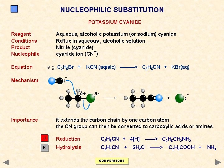 NUCLEOPHILIC SUBSTITUTION I POTASSIUM CYANIDE Reagent Conditions Product Nucleophile Aqueous, alcoholic potassium (or sodium) NUCLEOPHILIC SUBSTITUTION I POTASSIUM CYANIDE Reagent Conditions Product Nucleophile Aqueous, alcoholic potassium (or sodium)
