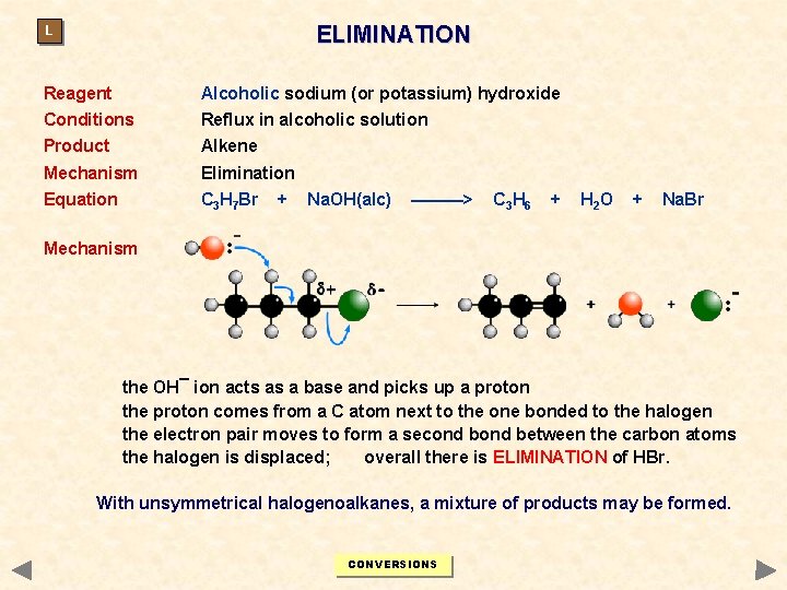 ELIMINATION L Reagent Alcoholic sodium (or potassium) hydroxide Conditions Reflux in alcoholic solution Product ELIMINATION L Reagent Alcoholic sodium (or potassium) hydroxide Conditions Reflux in alcoholic solution Product
