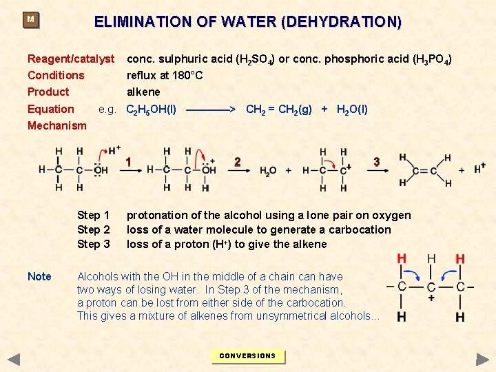 ELIMINATION OF WATER (DEHYDRATION) M Reagent/catalyst conc. sulphuric acid (H 2 SO 4) or ELIMINATION OF WATER (DEHYDRATION) M Reagent/catalyst conc. sulphuric acid (H 2 SO 4) or