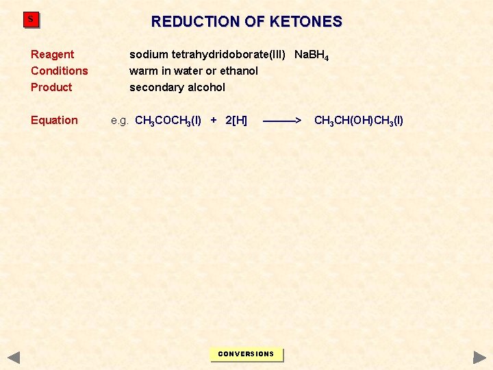 S REDUCTION OF KETONES Reagent sodium tetrahydridoborate(III) Na. BH 4 Conditions warm in water S REDUCTION OF KETONES Reagent sodium tetrahydridoborate(III) Na. BH 4 Conditions warm in water