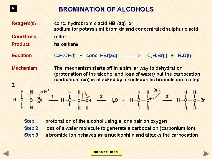 BROMINATION OF ALCOHOLS V Reagent(s) conc. hydrobromic acid HBr(aq) or sodium (or potassium) bromide BROMINATION OF ALCOHOLS V Reagent(s) conc. hydrobromic acid HBr(aq) or sodium (or potassium) bromide