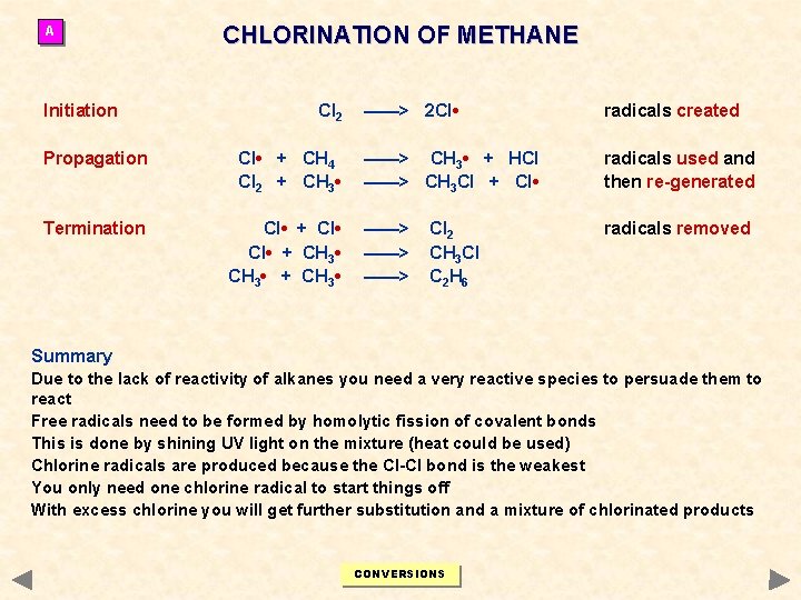 A Initiation CHLORINATION OF METHANE Cl 2 Propagation Cl • + CH 4 Cl A Initiation CHLORINATION OF METHANE Cl 2 Propagation Cl • + CH 4 Cl