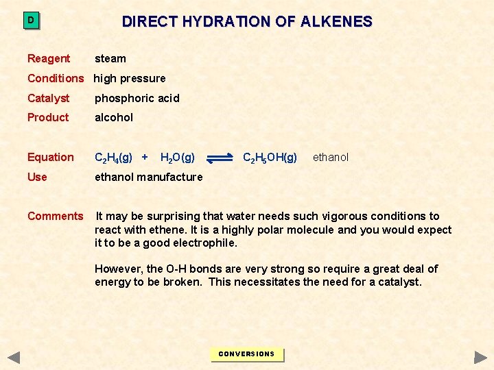 D Reagent DIRECT HYDRATION OF ALKENES steam Conditions high pressure Catalyst phosphoric acid Product D Reagent DIRECT HYDRATION OF ALKENES steam Conditions high pressure Catalyst phosphoric acid Product