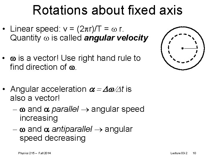 Rotations about fixed axis • Linear speed: v = (2 pr)/T = r. Quantity