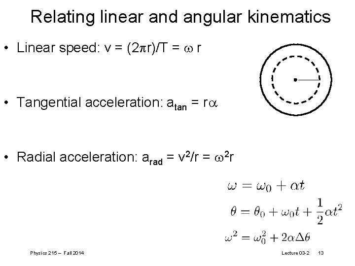 Relating linear and angular kinematics • Linear speed: v = (2 pr)/T = r