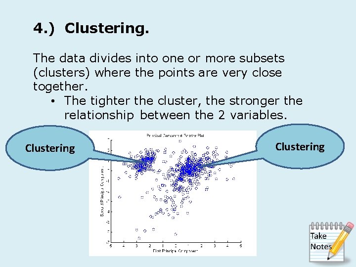 4. ) Clustering. The data divides into one or more subsets (clusters) where the