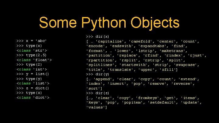 Some Python Objects >>> x = 'abc' >>> type(x) <class 'str'> >>> type(2. 5)