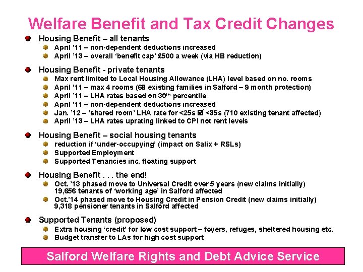 Welfare Benefit and Tax Credit Changes Housing Benefit – all tenants April ’ 11