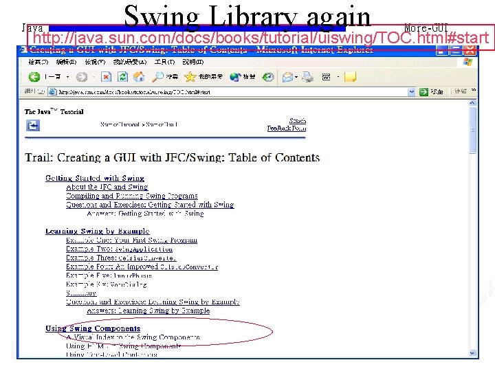 Java Swing Library again More-GUI http: //java. sun. com/docs/books/tutorial/uiswing/TOC. html#start 交通大學資訊 程學系 蔡文能 5 Java Swing Library again More-GUI http: //java. sun. com/docs/books/tutorial/uiswing/TOC. html#start 交通大學資訊 程學系 蔡文能 5