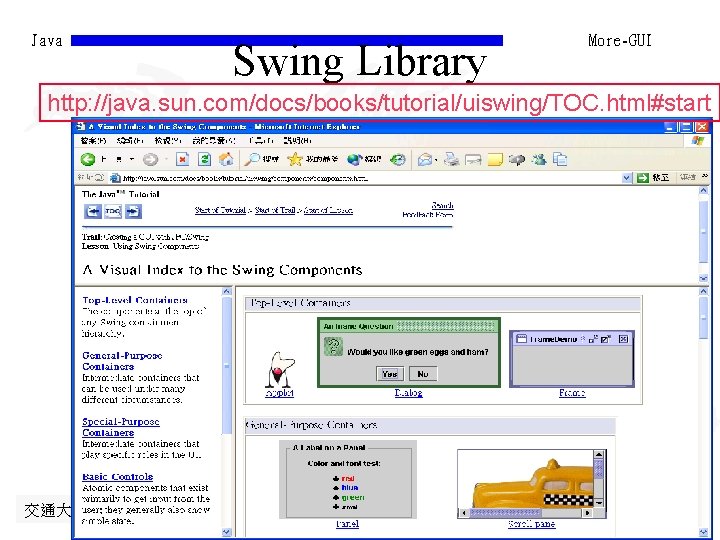 Java Swing Library More-GUI http: //java. sun. com/docs/books/tutorial/uiswing/TOC. html#start 交通大學資訊 程學系 蔡文能 5 -第 Java Swing Library More-GUI http: //java. sun. com/docs/books/tutorial/uiswing/TOC. html#start 交通大學資訊 程學系 蔡文能 5 -第