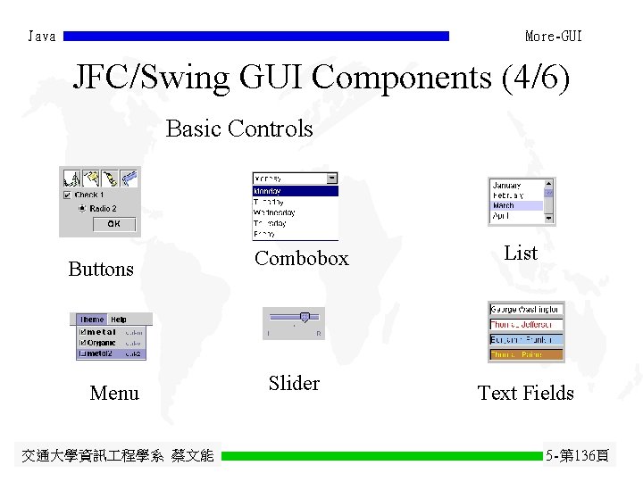 Java More-GUI JFC/Swing GUI Components (4/6) Basic Controls Buttons Menu 交通大學資訊 程學系 蔡文能 Combobox Java More-GUI JFC/Swing GUI Components (4/6) Basic Controls Buttons Menu 交通大學資訊 程學系 蔡文能 Combobox