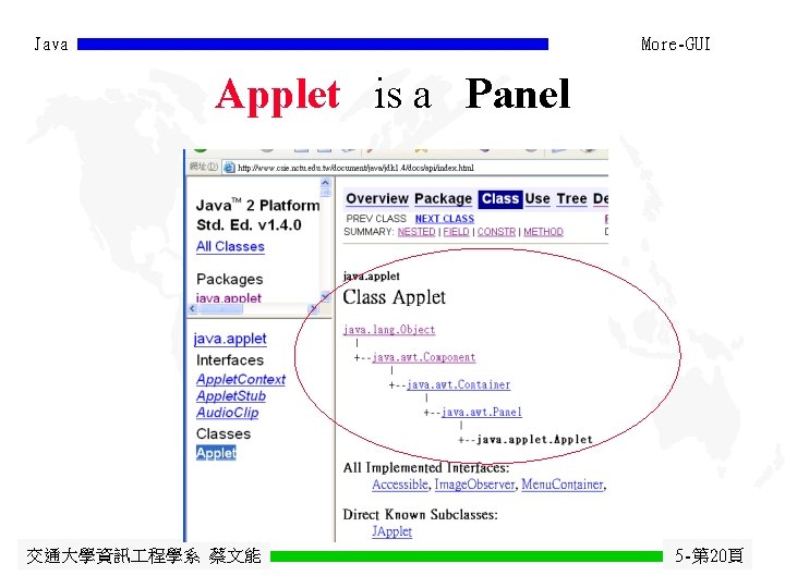 Java More-GUI Applet is a Panel 交通大學資訊 程學系 蔡文能 5 -第 20頁 Java More-GUI Applet is a Panel 交通大學資訊 程學系 蔡文能 5 -第 20頁