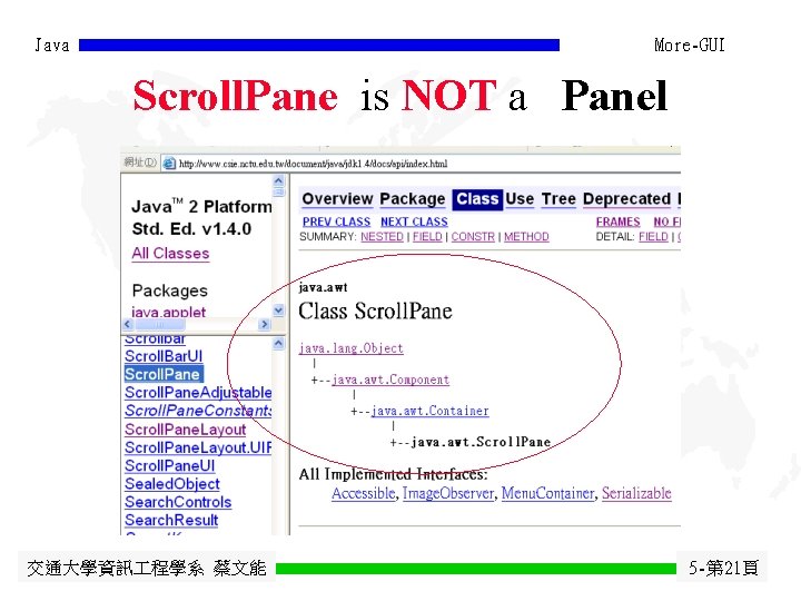 Java More-GUI Scroll. Pane is NOT a Panel 交通大學資訊 程學系 蔡文能 5 -第 21頁 Java More-GUI Scroll. Pane is NOT a Panel 交通大學資訊 程學系 蔡文能 5 -第 21頁