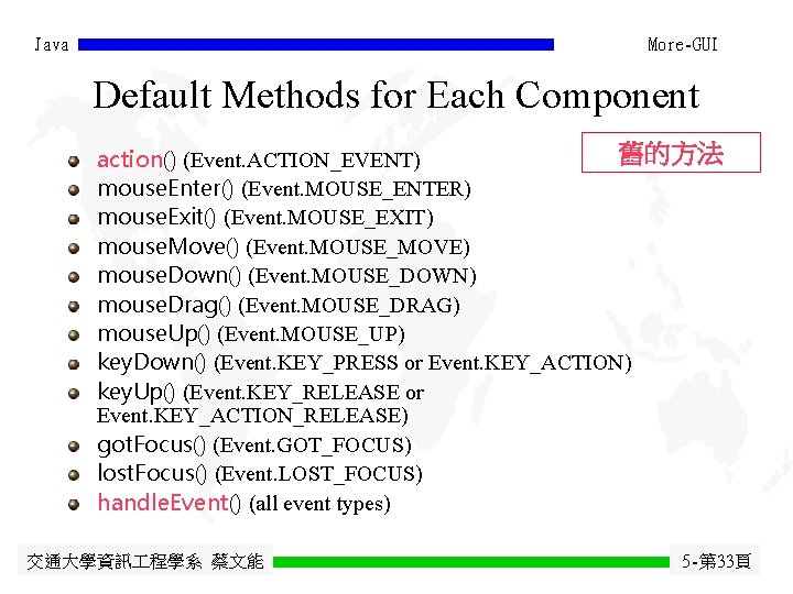 Java More-GUI Default Methods for Each Component 舊的方法 action() (Event. ACTION_EVENT) mouse. Enter() (Event. Java More-GUI Default Methods for Each Component 舊的方法 action() (Event. ACTION_EVENT) mouse. Enter() (Event.