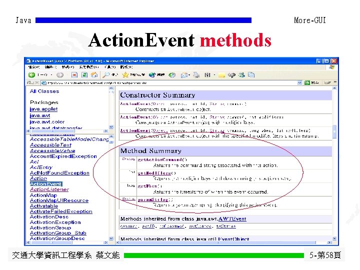 Java More-GUI Action. Event methods 交通大學資訊 程學系 蔡文能 5 -第 58頁 Java More-GUI Action. Event methods 交通大學資訊 程學系 蔡文能 5 -第 58頁