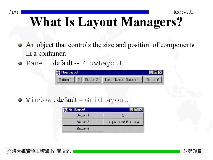 Java More-GUI What Is Layout Managers? An object that controls the size and position Java More-GUI What Is Layout Managers? An object that controls the size and position