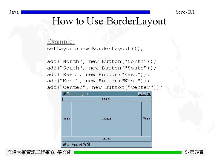 Java More-GUI How to Use Border. Layout Example: set. Layout(new Border. Layout()); add("North", new Java More-GUI How to Use Border. Layout Example: set. Layout(new Border. Layout()); add("North", new