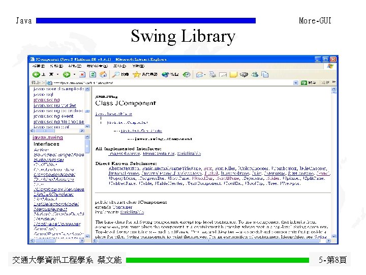Java More-GUI Swing Library 交通大學資訊 程學系 蔡文能 5 -第 8頁 Java More-GUI Swing Library 交通大學資訊 程學系 蔡文能 5 -第 8頁